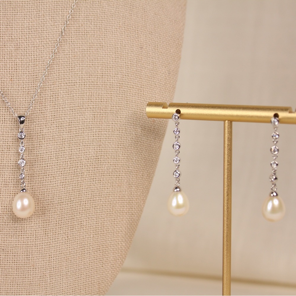 925 Sterling Silver with CZ Fresh Water Pearl Necklace & Earring Set
